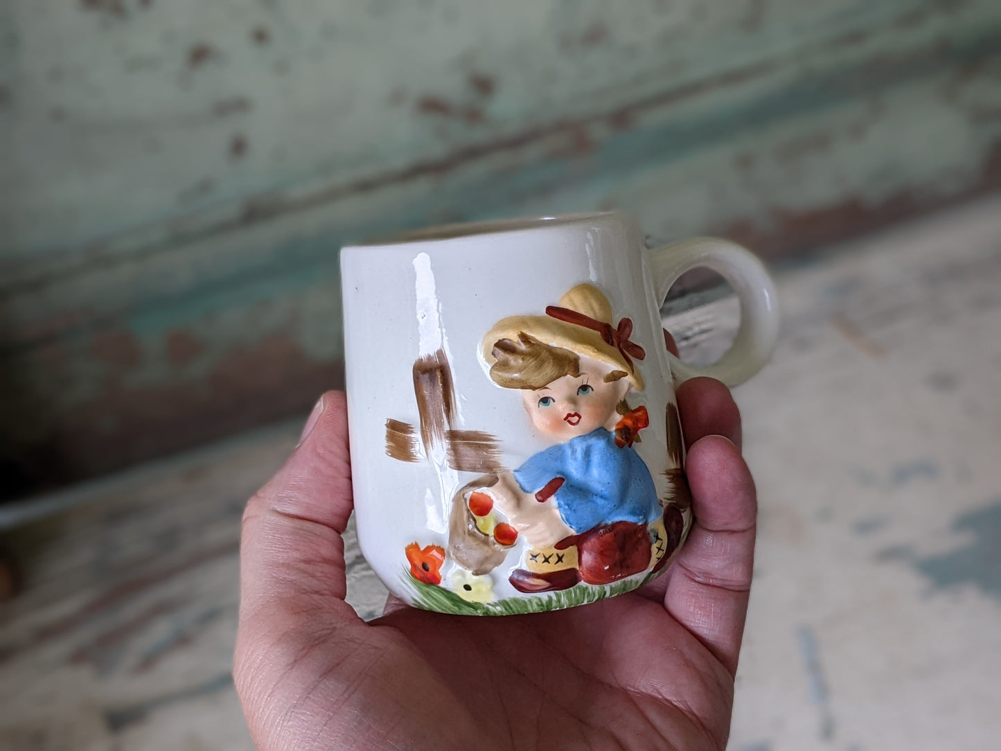 1950s Mug 3D Relief Girl Picking Flowers Made In Japan