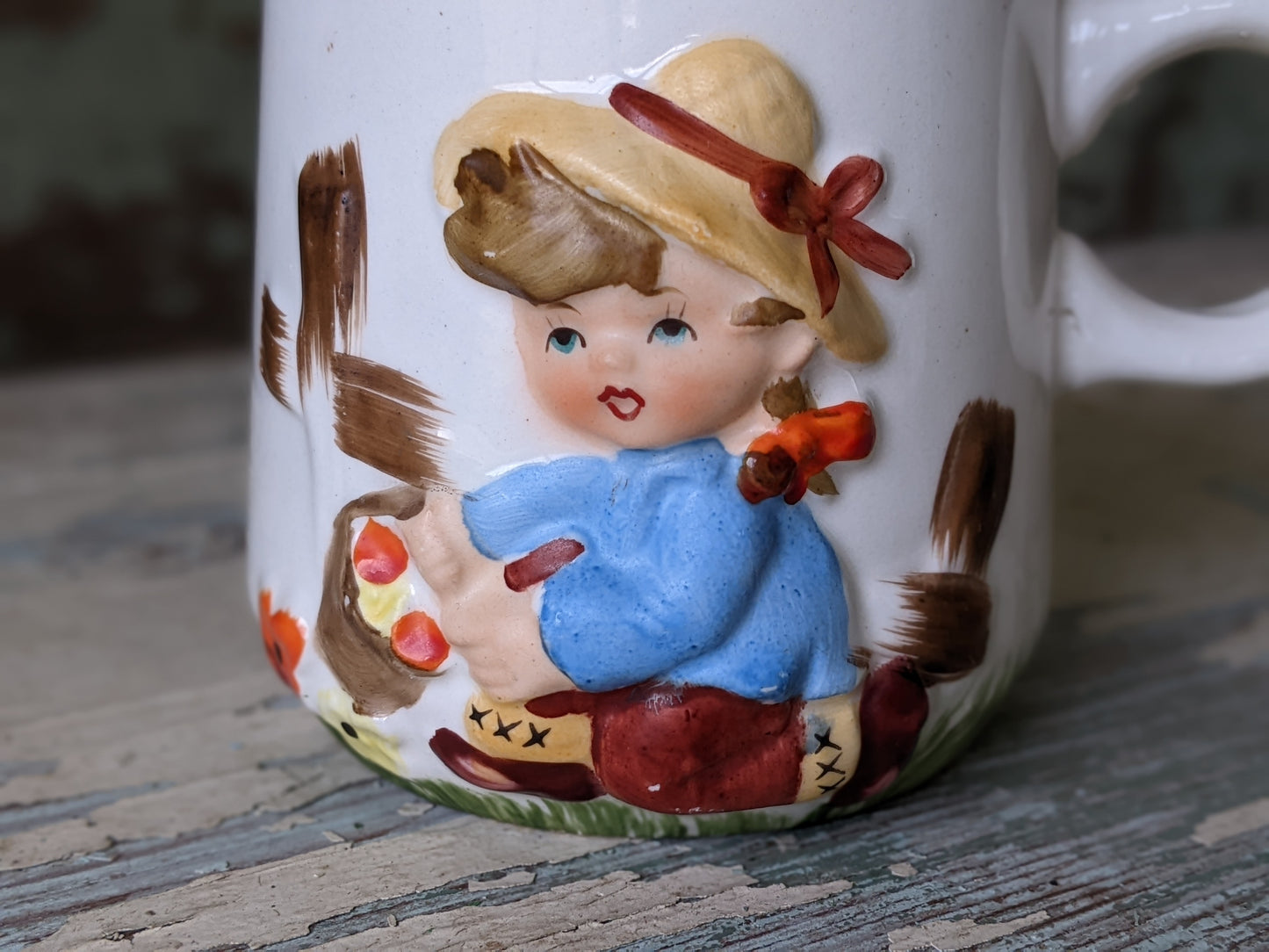 1950s Mug 3D Relief Girl Picking Flowers Made In Japan