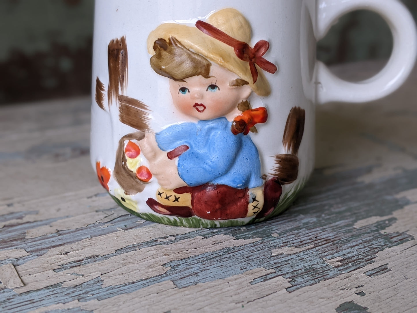 1950s Mug 3D Relief Girl Picking Flowers Made In Japan