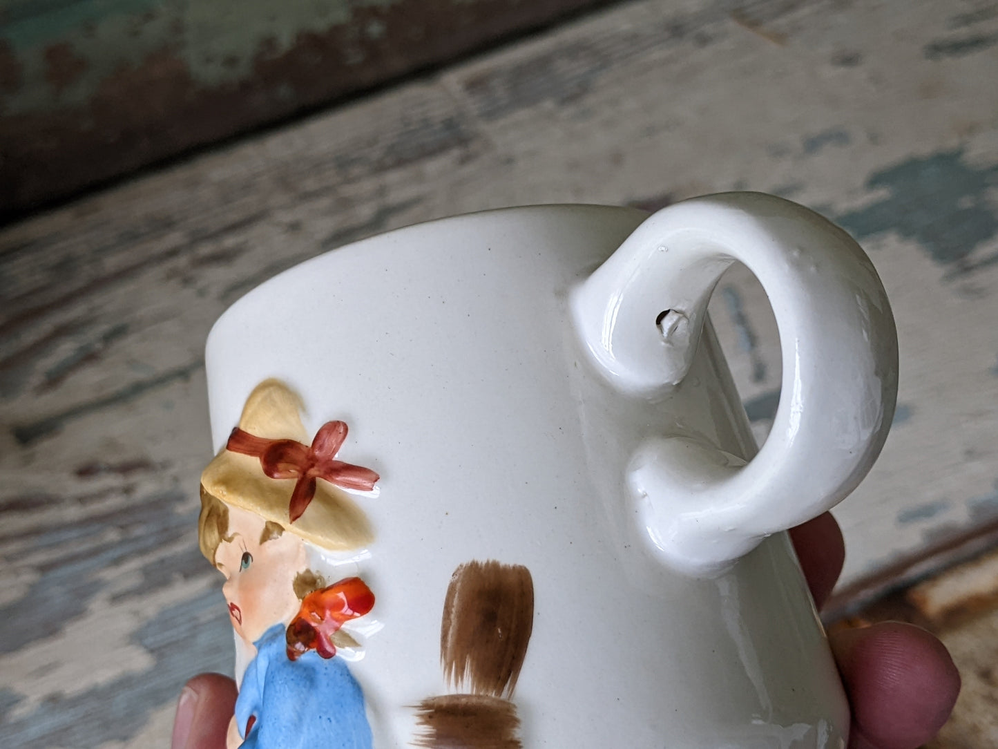 1950s Mug 3D Relief Girl Picking Flowers Made In Japan