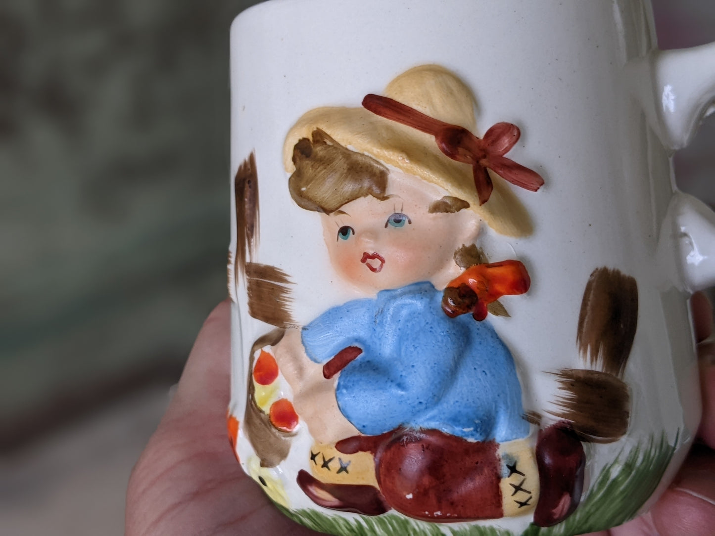 1950s Mug 3D Relief Girl Picking Flowers Made In Japan