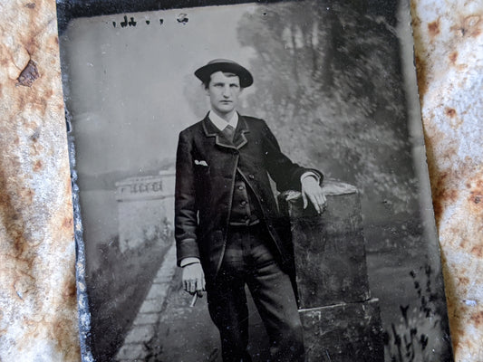 Vintage Tintype Studio Portrait Young Man Cigarette