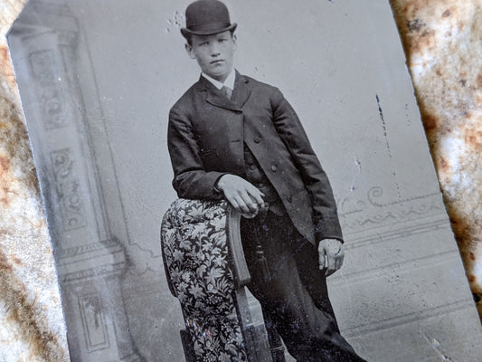 Vintage Tintype Studio Portrait Young Man Bolo Hat