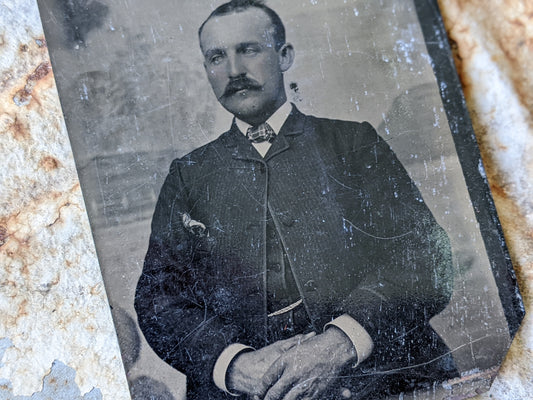 Vintage Tintype Studio Portrait Man In Suit So Serious