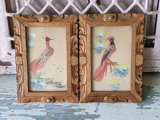 1940s One-Of-A-Kind Set of Mini Feathercraft Paintings w Hand Carved Cedar Picture Frame **Mexico / Spain