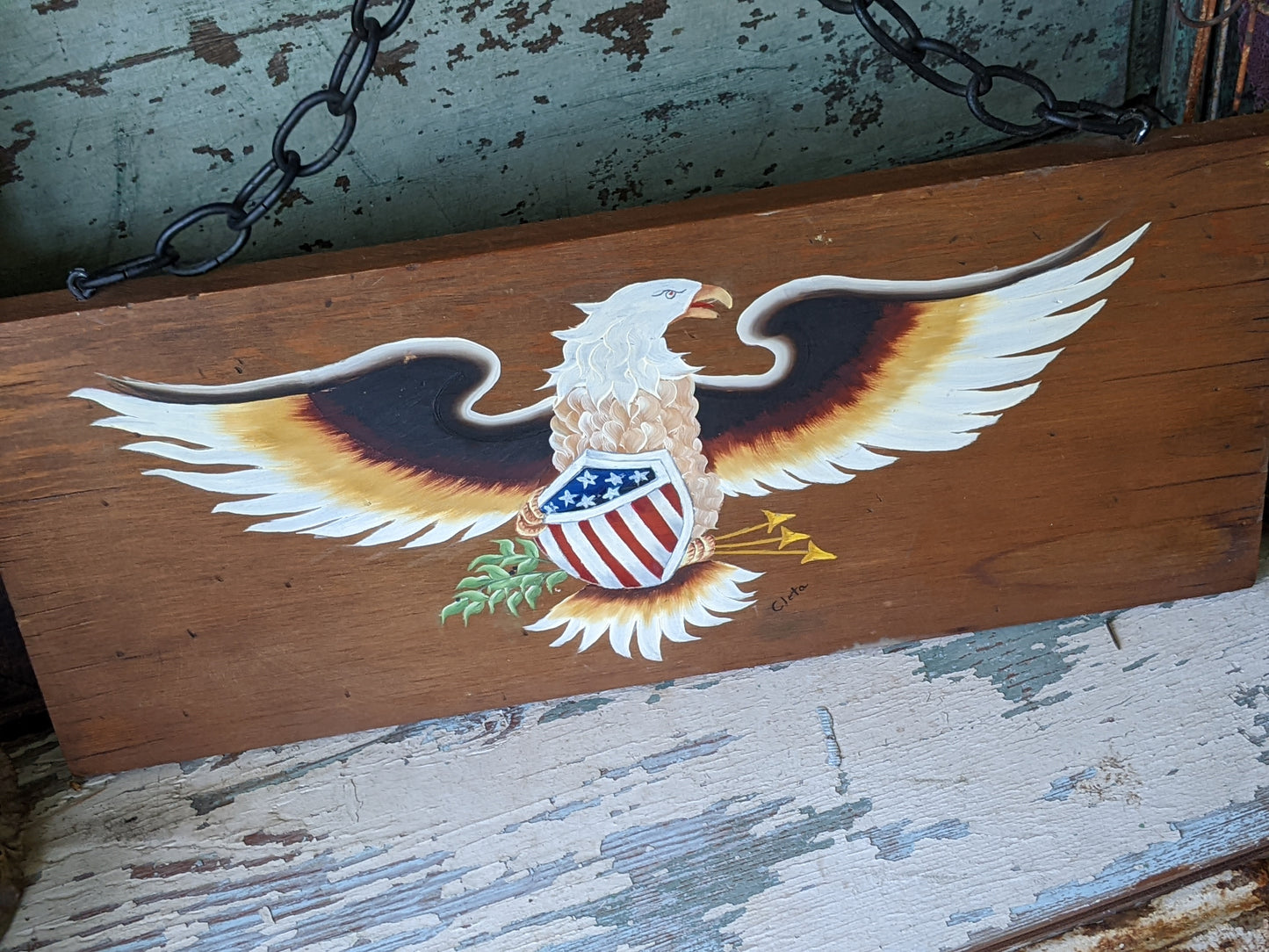 Vintage Painting American Bald Eagle !! Signed Original Hand Painted Cedar Plaquard w Chain *Folk Art