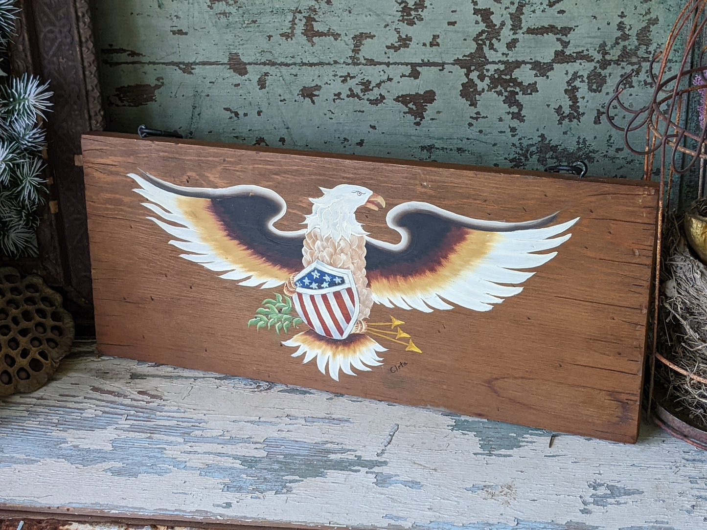 Vintage Painting American Bald Eagle !! Signed Original Hand Painted Cedar Plaquard w Chain *Folk Art