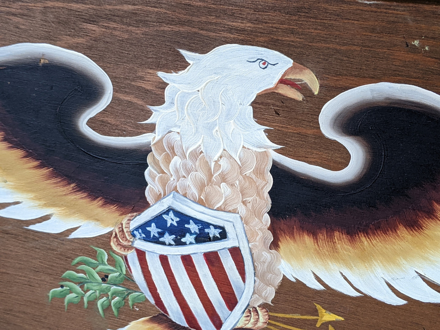 Vintage Painting American Bald Eagle !! Signed Original Hand Painted Cedar Plaquard w Chain *Folk Art