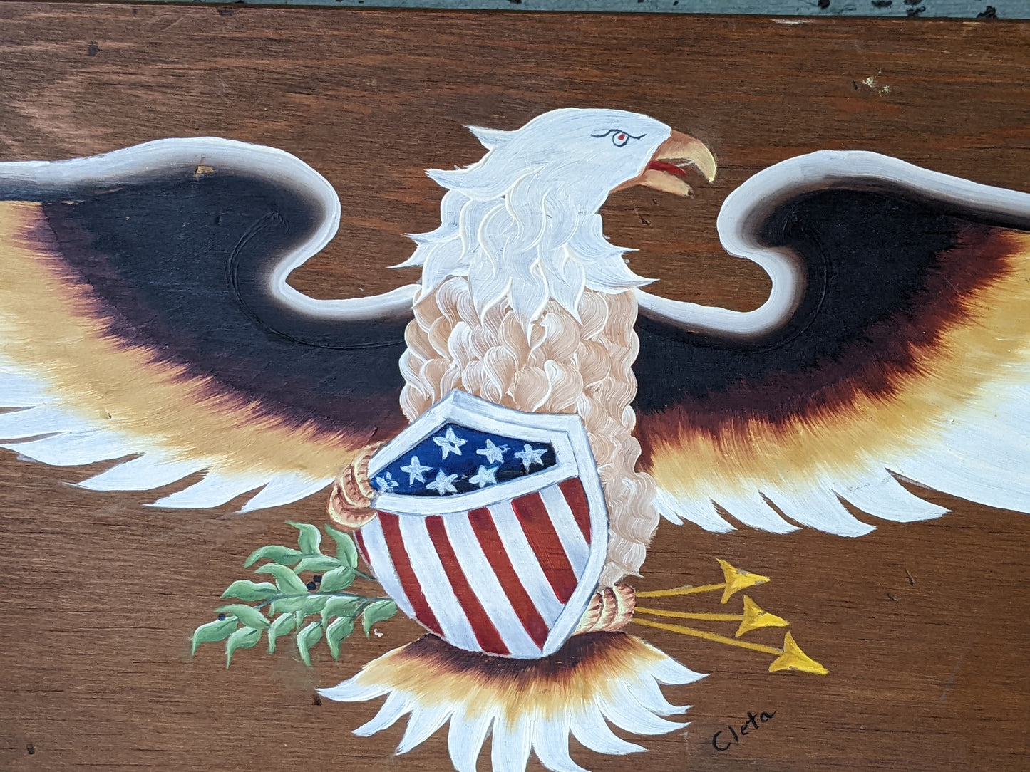 Vintage Painting American Bald Eagle !! Signed Original Hand Painted Cedar Plaquard w Chain *Folk Art