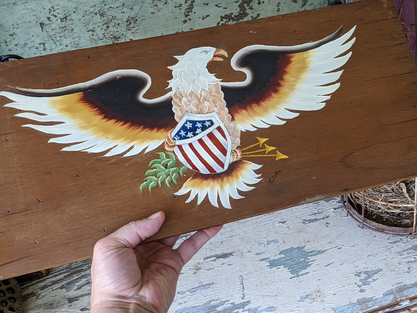 Vintage Painting American Bald Eagle !! Signed Original Hand Painted Cedar Plaquard w Chain *Folk Art