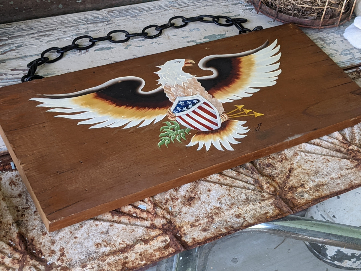 Vintage Painting American Bald Eagle !! Signed Original Hand Painted Cedar Plaquard w Chain *Folk Art