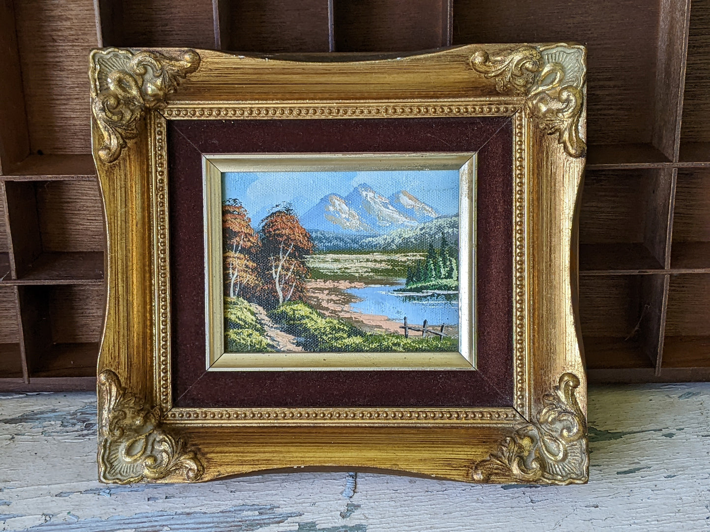 Vintage Original Oil Painting Landscape Mountains Small Gold Wooden Velvet Frame !! Original Vintage Gifts !!