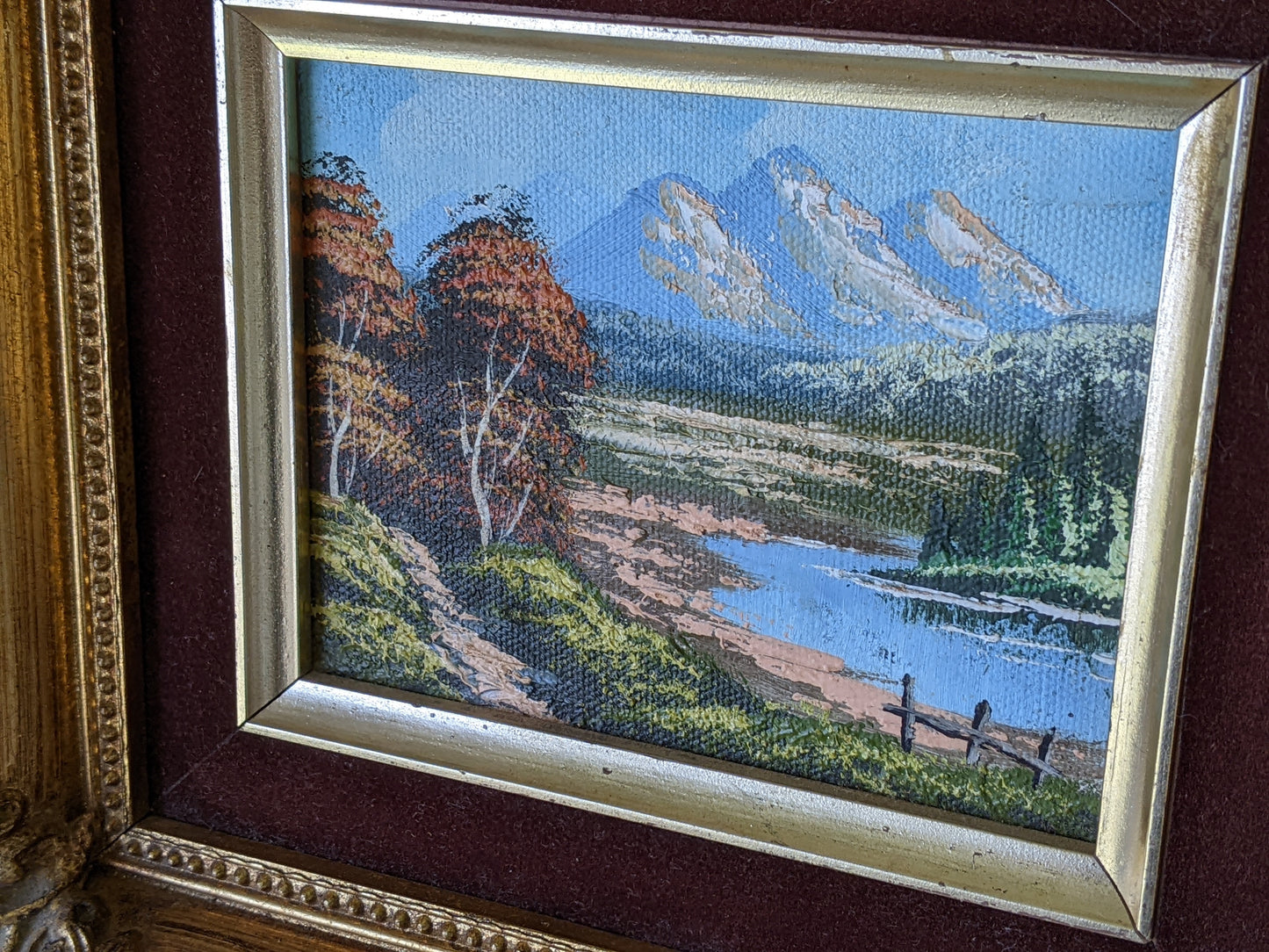 Vintage Original Oil Painting Landscape Mountains Small Gold Wooden Velvet Frame !! Original Vintage Gifts !!