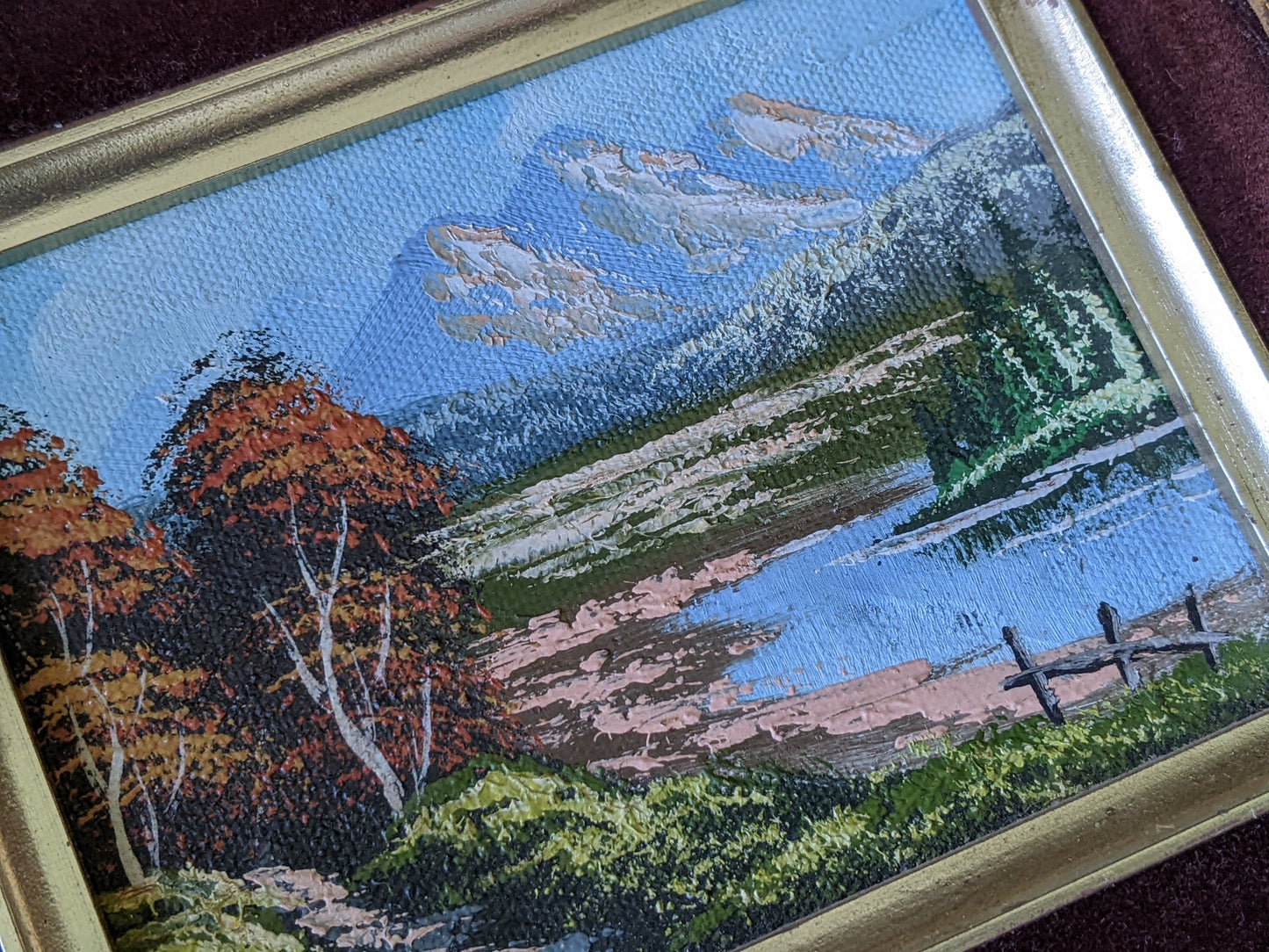 Vintage Original Oil Painting Landscape Mountains Small Gold Wooden Velvet Frame !! Original Vintage Gifts !!