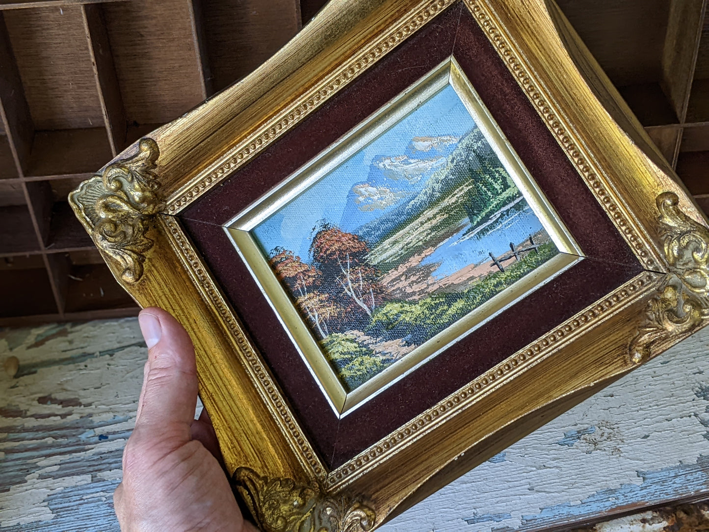 Vintage Original Oil Painting Landscape Mountains Small Gold Wooden Velvet Frame !! Original Vintage Gifts !!