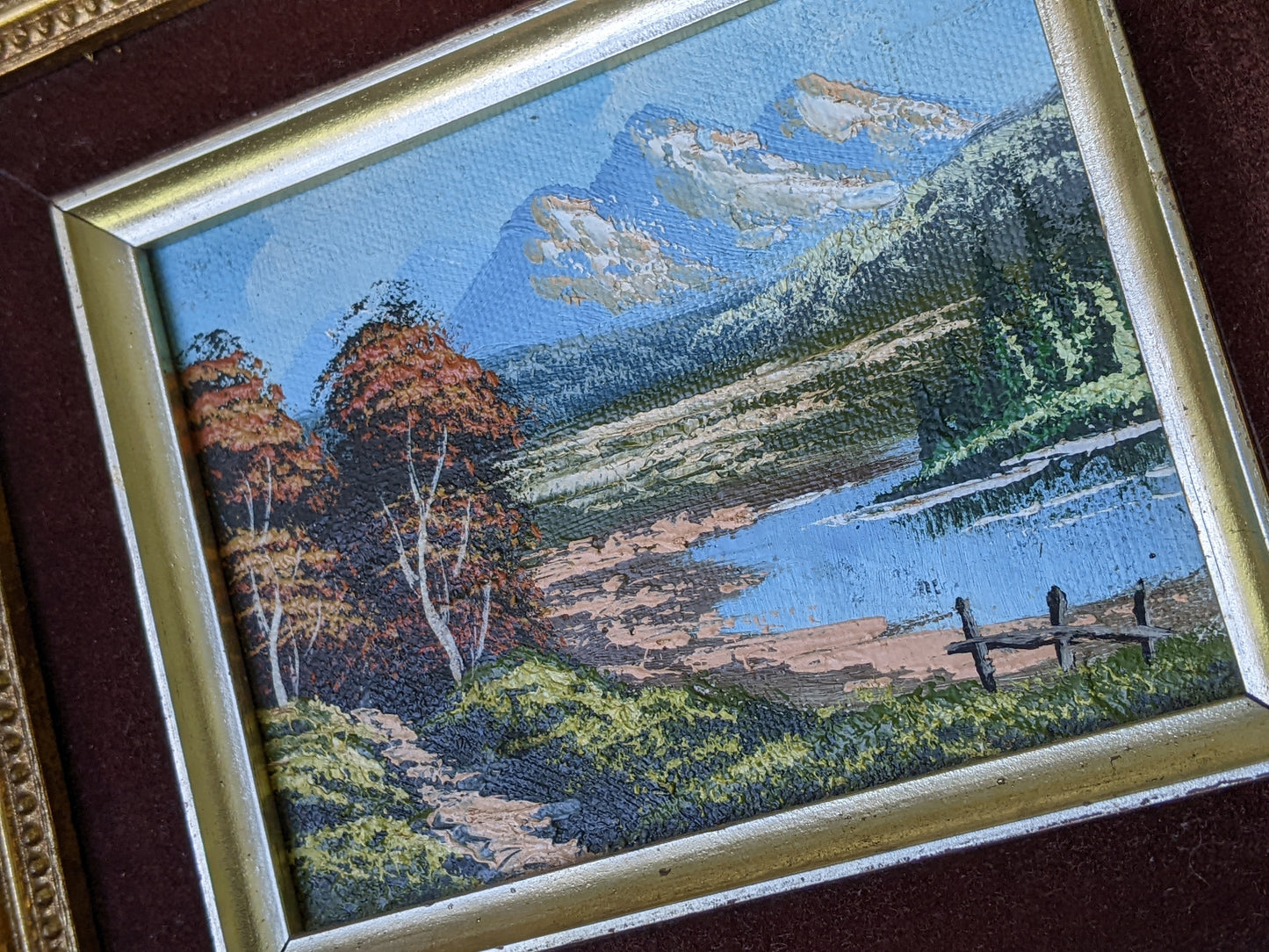 Vintage Original Oil Painting Landscape Mountains Small Gold Wooden Velvet Frame !! Original Vintage Gifts !!