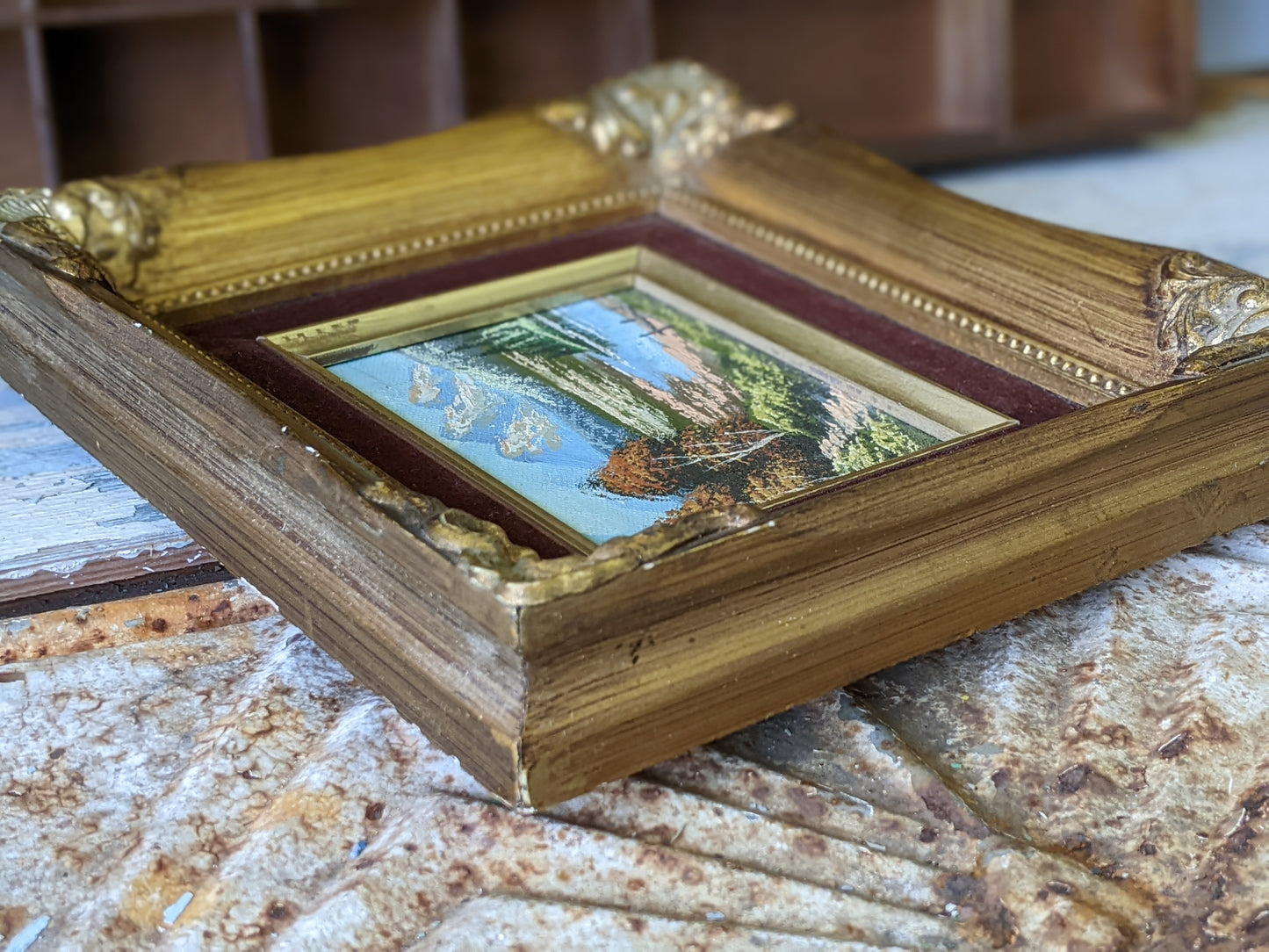 Vintage Original Oil Painting Landscape Mountains Small Gold Wooden Velvet Frame !! Original Vintage Gifts !!