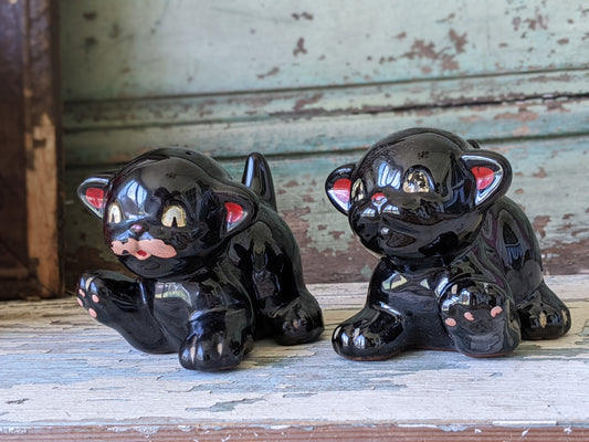 1950s Relco Rare Playful Black Cat Salt & Pepper Shakers Japan Redware Kitsch Kitschy MCM !! Awesome Holiday Gifts !! Halloween