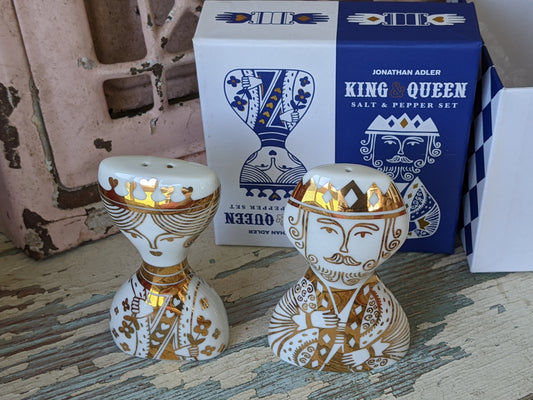 Brilliant Jonathan Adler Salt & Pepper King Queen 24 Karat Gold Highlights !! Brilliant Vintage Designs !!