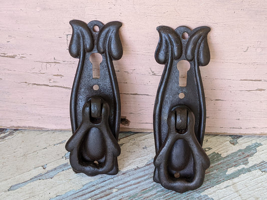 1940s !! Rare !! Vintage Art Nouveau Drawer Pulls Key Hole Stamped Brass Back Plates Cast Handles !! Beautiful Vintage Decor !!