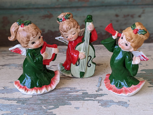 1950s !! Rare Condition !! Lefton Christmas Angels Musical Instruments Trio Hand-Painted Japan !! Vintage Holiday Gifts !!