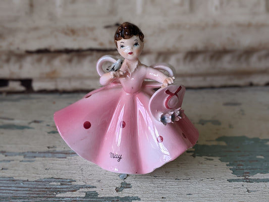 1950s Lefton Calendar May Girl Pink Polka Dot Dress Blue Bird Adorable !! Kitschy Vintage Gifts !!