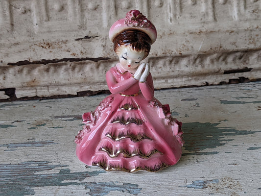 1950s Hopeful Darling in Ruffled Dark Pink Dress Gold Accents Made In Japan !! Adorable Vintage Gifts !!