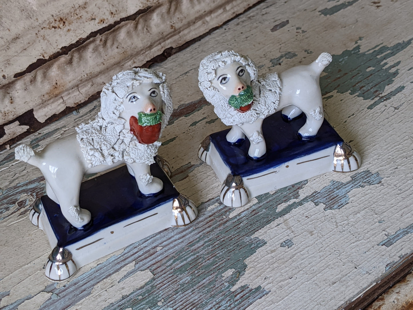 Vintage Reproduction White Blue Silver Victorian Staffordshire Poodles Dogs !! Vintage Style Decor !!