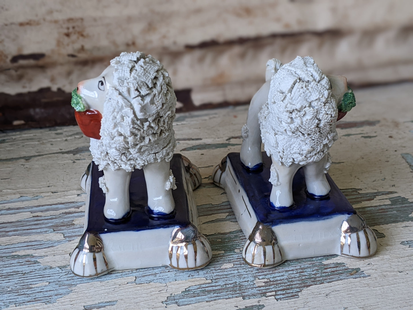 Vintage Reproduction White Blue Silver Victorian Staffordshire Poodles Dogs !! Vintage Style Decor !!