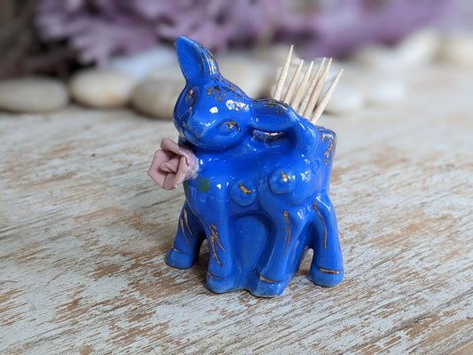 1950s Midnight Royal Blue Fawn Toothpick Holder Gold Highlights Rose Flower Miniature Japan !! Adorable Vintage Gifts !!