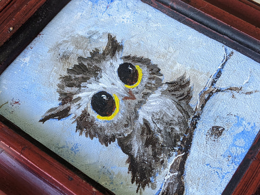 1950s Original Signed Oil Painting Owl Small 6" x 7" Craftint Canvas Joan Burr !! Amazing Original Vintage Gifts !! One-Of-A-Kind !!