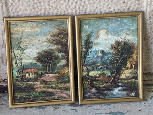 1950s Original Oils on Panel Landscape Mountains Hut Home Farm !! Original Vintage Art !!