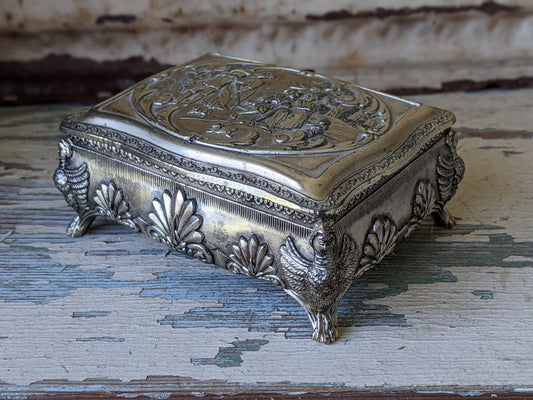 Vintage Victorian Style Trinket Box w Crimson Red Velvet Lining Silver Brushed Nickel Finish Jewelry Japan !! Awesome Vintage Gift !!