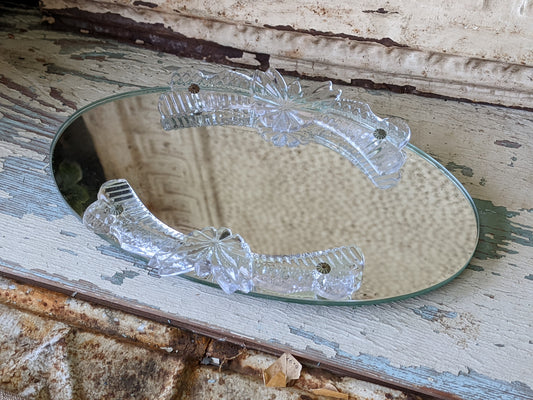 Vintage Oval Mirrored Vanity Tray Pressed Glass Rails Metal Feet !! Elegant Classy Vintage Gifts !!