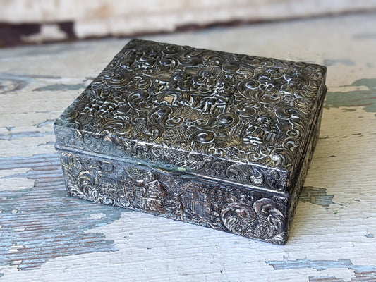 1950s Dutch Colonial Cigarette Trinket Box Sculpted Relief Brass Nickel Plated Cedar Lining !! Beautiful Antique Gifts !!