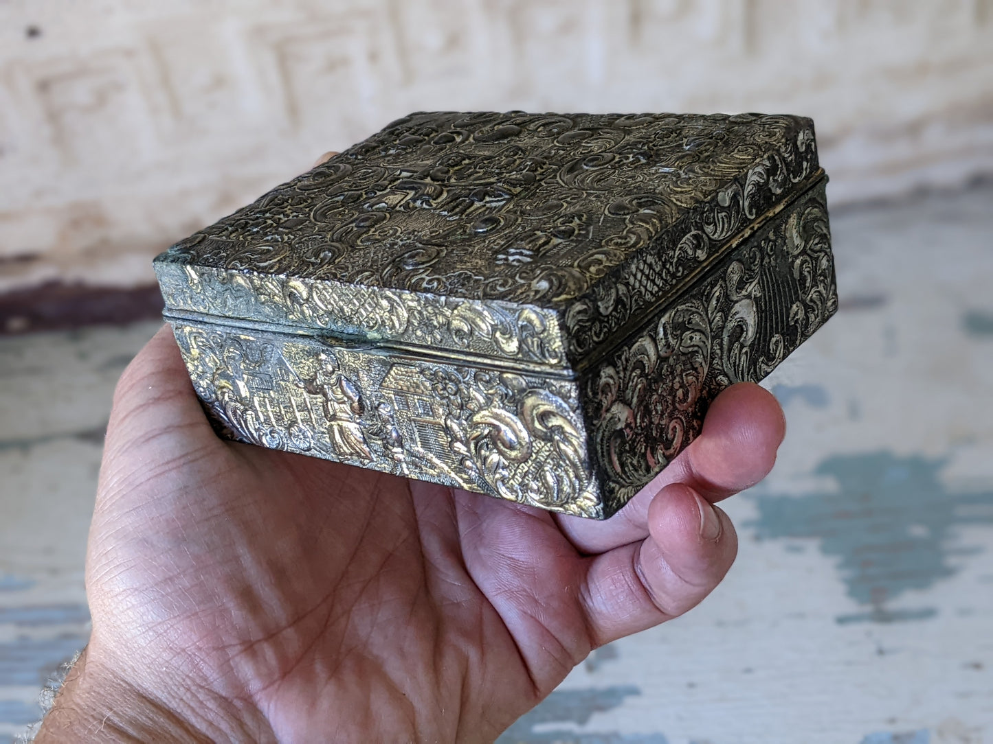 1950s Dutch Colonial Cigarette Trinket Box Sculpted Relief Brass Nickel Plated Cedar Lining !! Beautiful Antique Gifts !!