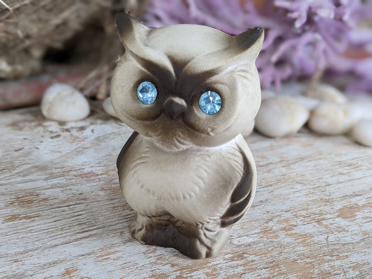 1950s Bisque Owl Blue Sparkling Eyes Made USA Night Birds !! Adorable Vintage Gifts !!