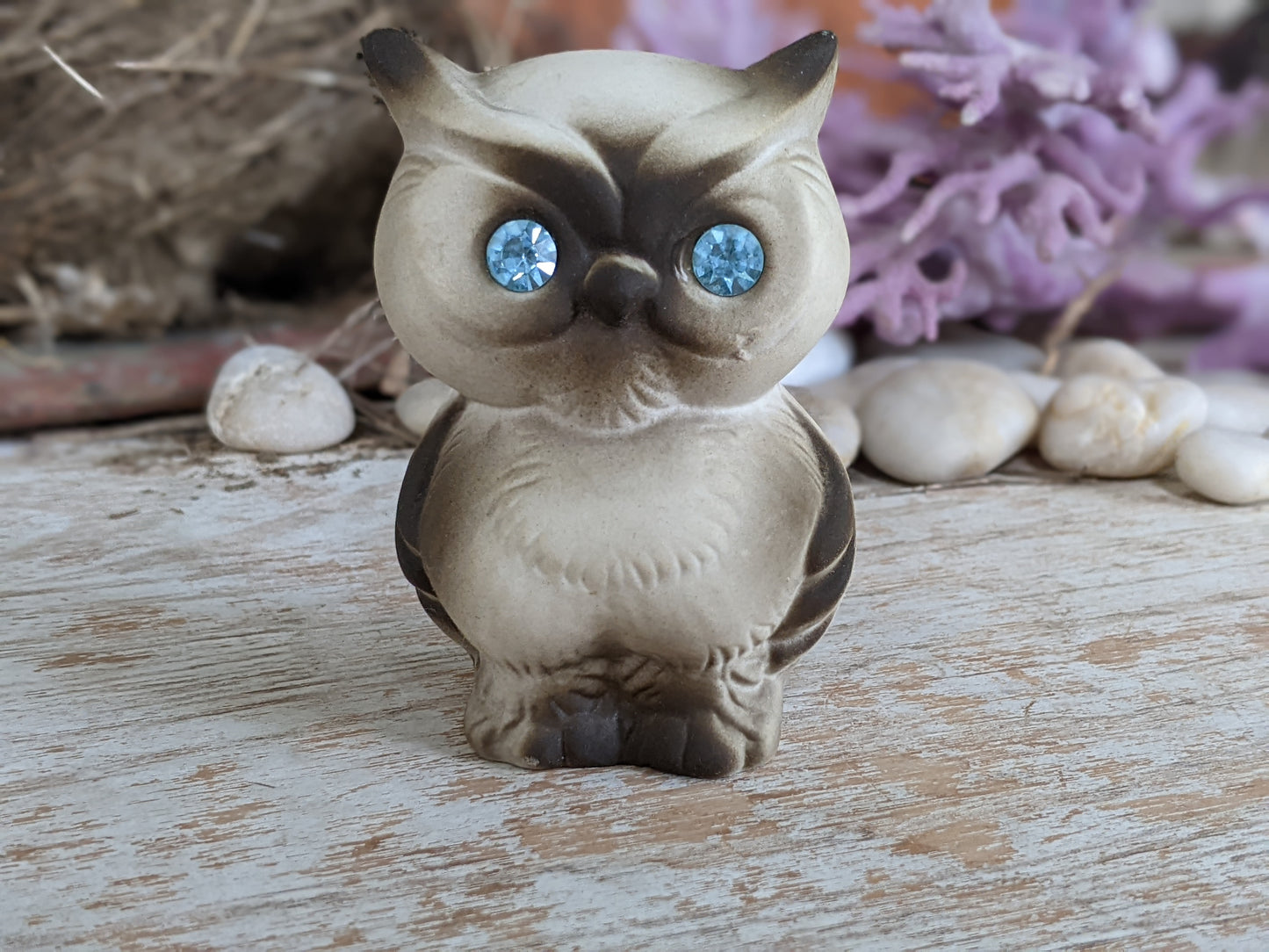 1950s Bisque Owl Blue Sparkling Eyes Made USA Night Birds !! Adorable Vintage Gifts !!