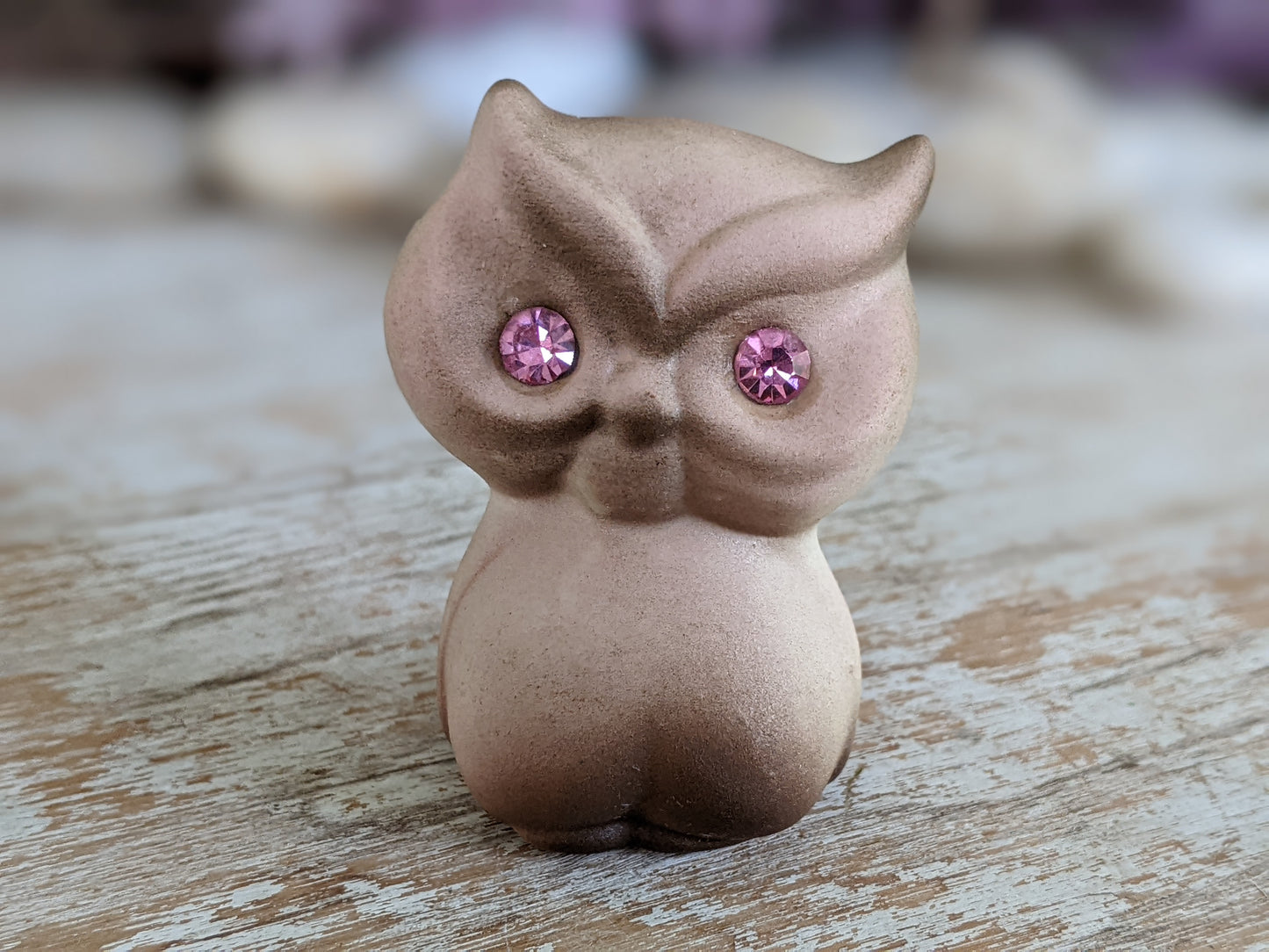 1950s Bisque Small Owl Pink Sparkling Eyes Japan Kitschy Cute !! Adorable Vintage Gifts !!