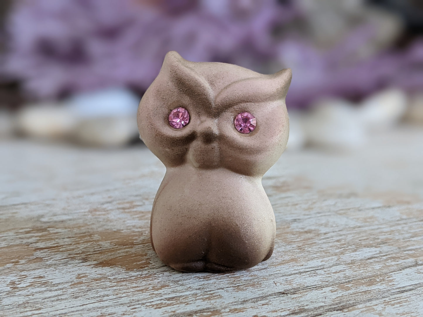 1950s Bisque Small Owl Pink Sparkling Eyes Japan Kitschy Cute !! Adorable Vintage Gifts !!