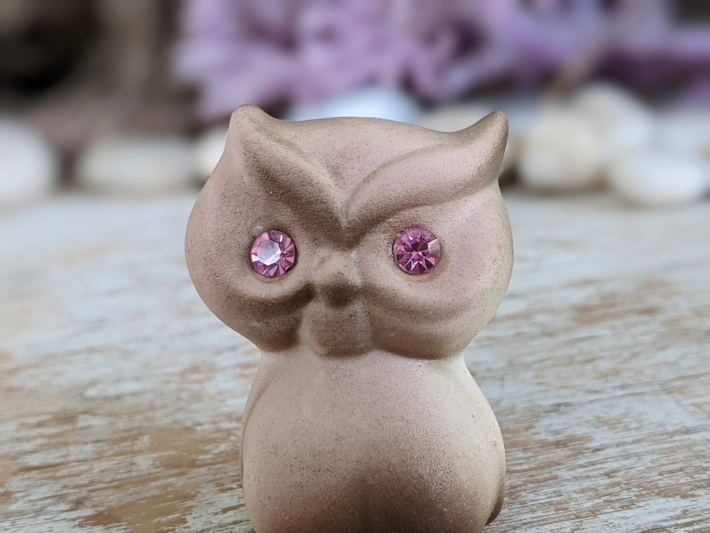 1950s Bisque Small Owl Pink Sparkling Eyes Japan Kitschy Cute !! Adorable Vintage Gifts !!