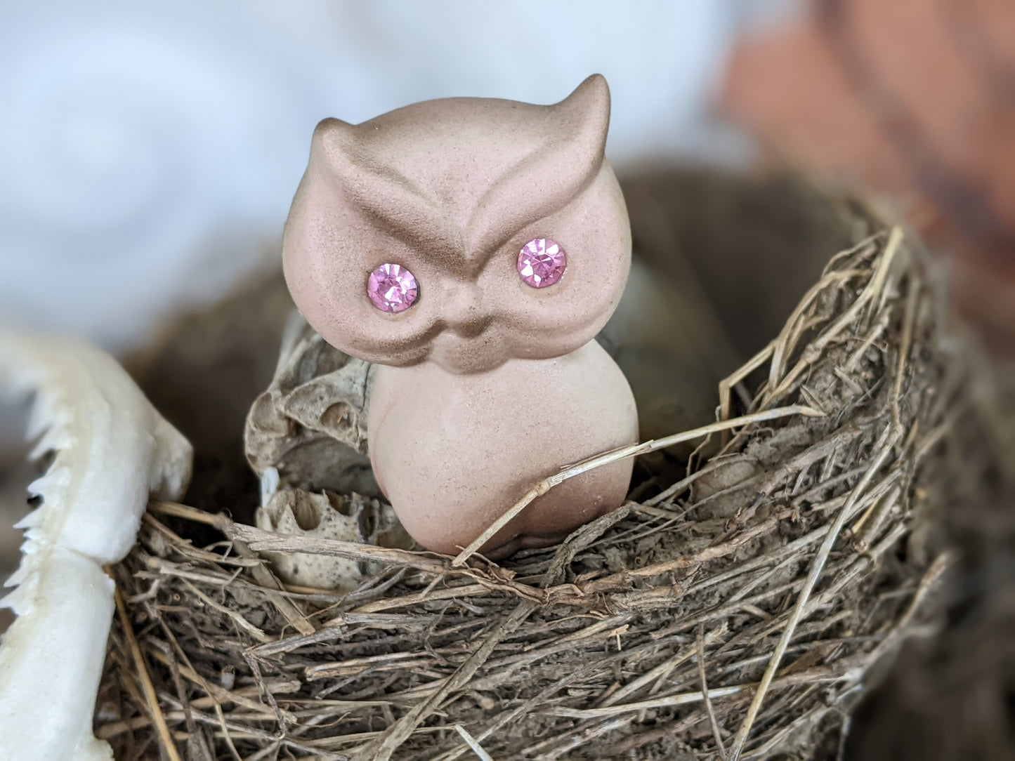 1950s Bisque Small Owl Pink Sparkling Eyes Japan Kitschy Cute !! Adorable Vintage Gifts !!