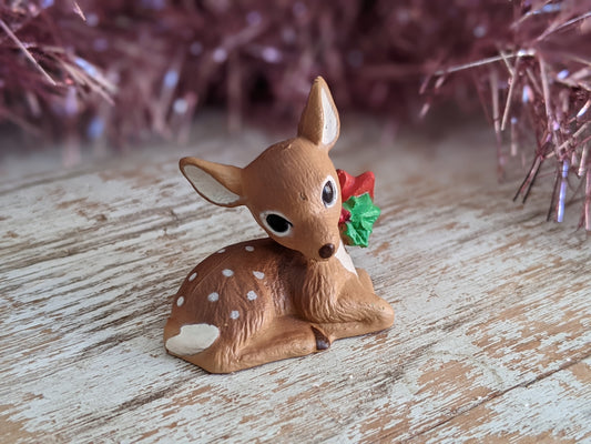 1987 Fawn Laying Down Holly Red Bow Merry Miniature by Hallmark Christmas Holiday Collectibles No. XHA3757 !! Retro Holiday Gifts !!