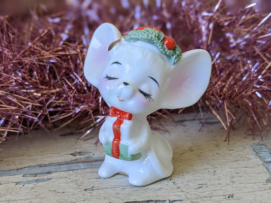 1950s Napcoware Mouse Gift Present Santa Cap Bone China Made In Japan !! Adorable Vintage Christmas Gifts !! Holiday Gift Ideas !!