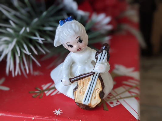 1950s Girl in White w Blue Bow Playing Cello Bone China Japan Hand-painted !! Vintage Collectibles !! Joyful Gift Ideas !!