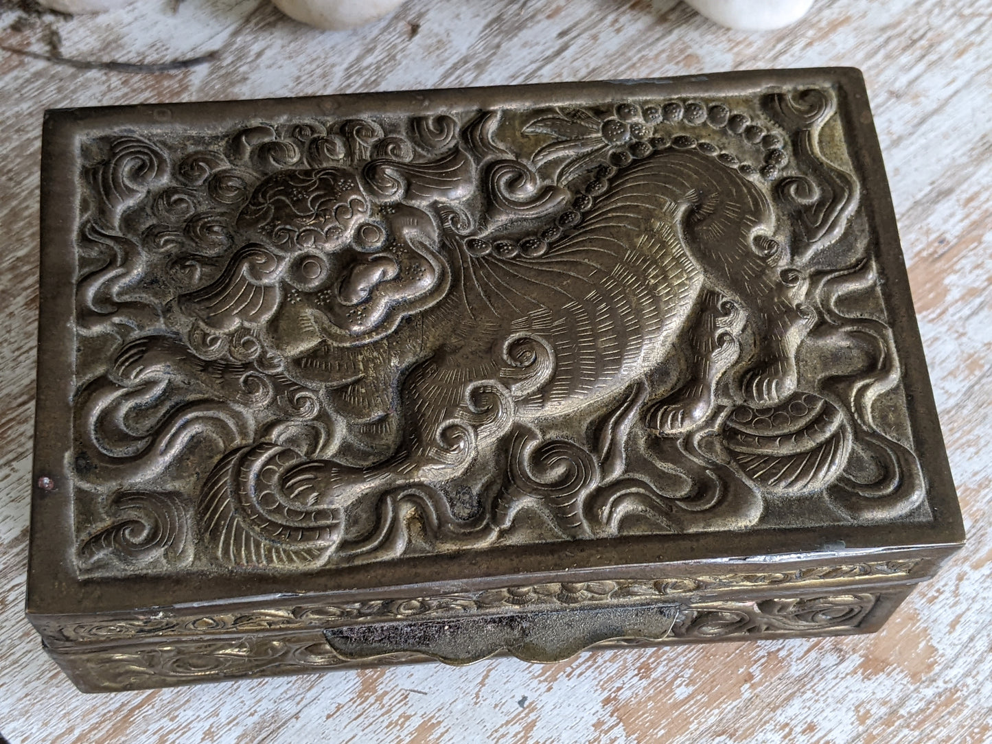 VIntage Chinese Foo Embossed Relief Cedar Box Trinket Cigarette Brass Finish !! Awesome Vintage Gifts !! Unique Gift Ideas !!