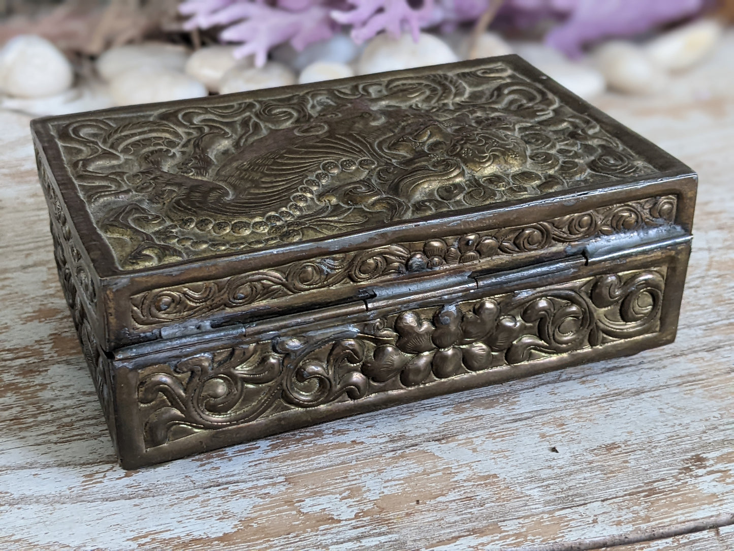 VIntage Chinese Foo Embossed Relief Cedar Box Trinket Cigarette Brass Finish !! Awesome Vintage Gifts !! Unique Gift Ideas !!