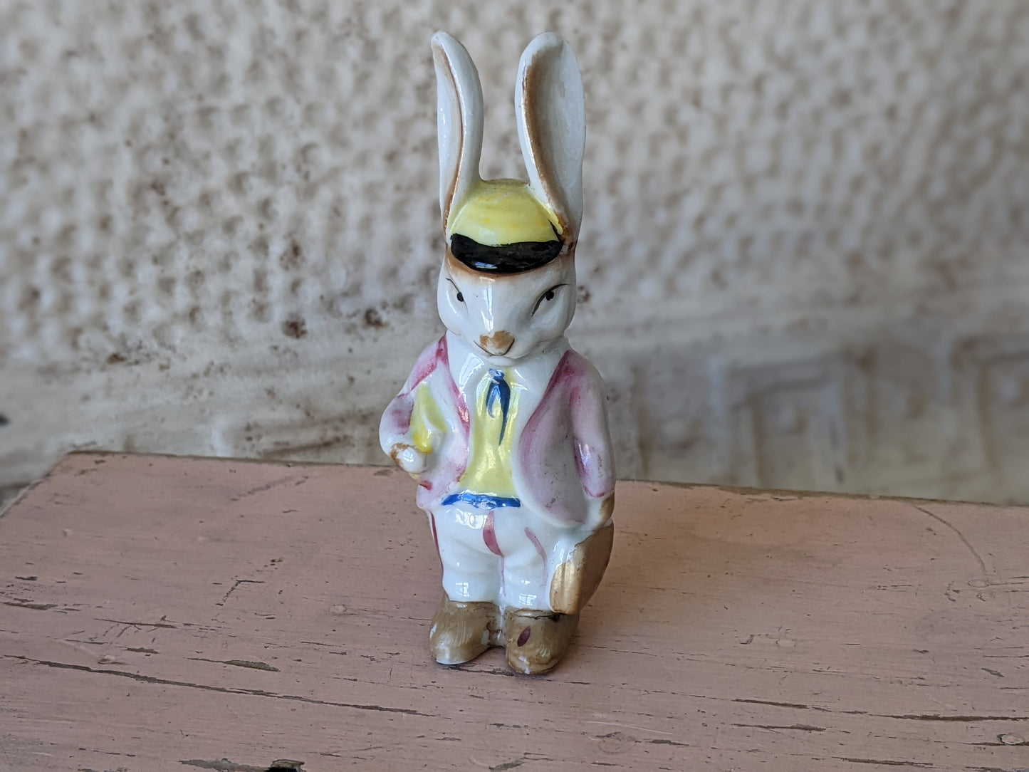 1950s Bunny School Boy Hat Books Porcelain Figurine Occupied Japan !! Amazing Vintage Gifts !! Antique Historical Collectibles !!