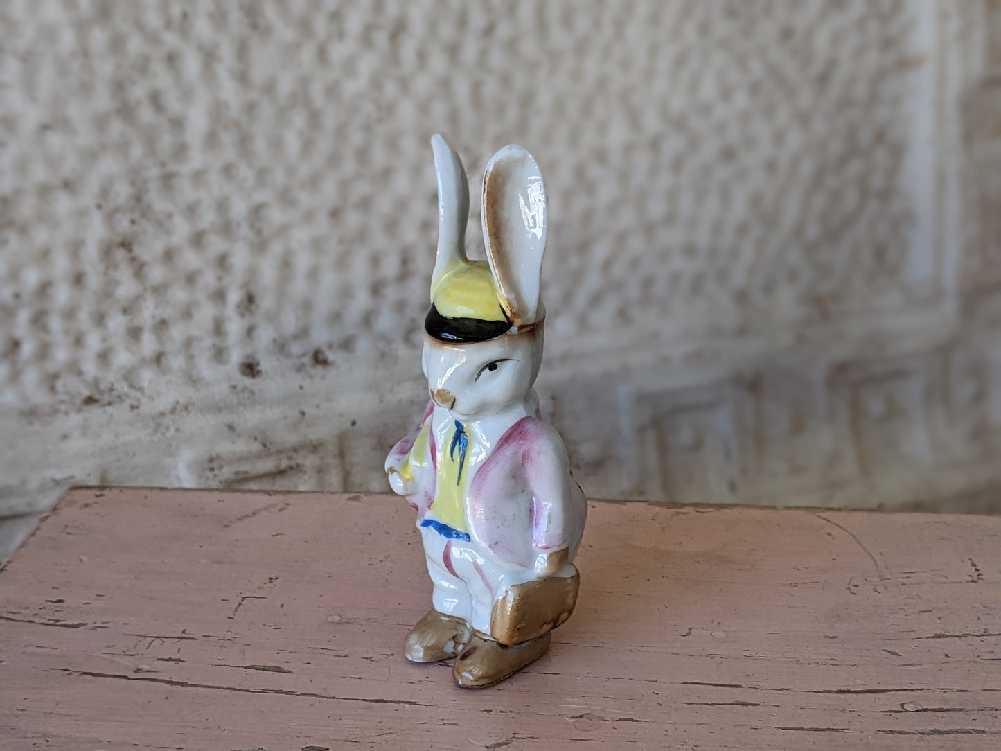 1950s Bunny School Boy Hat Books Porcelain Figurine Occupied Japan !! Amazing Vintage Gifts !! Antique Historical Collectibles !!