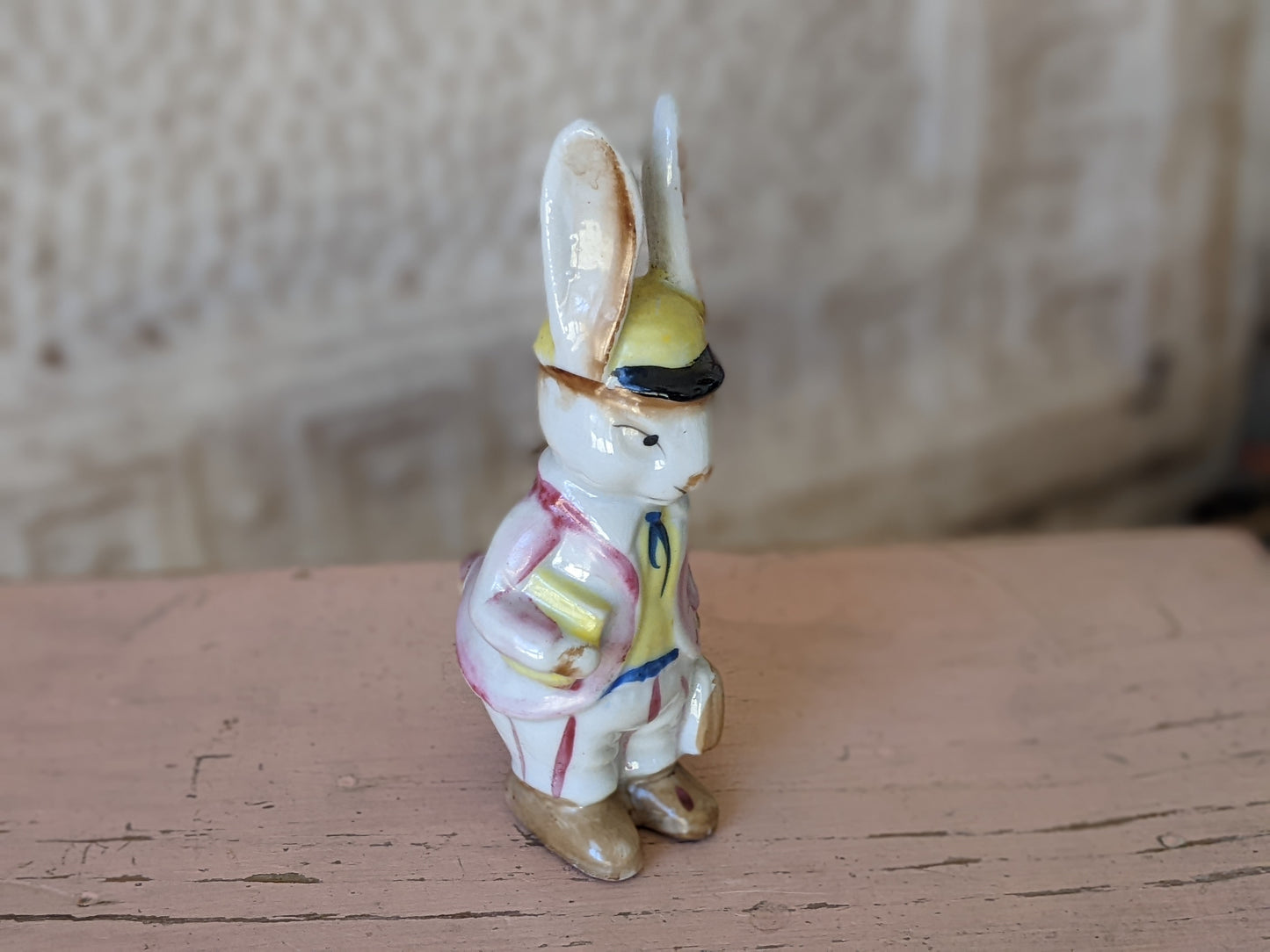 1950s Bunny School Boy Hat Books Porcelain Figurine Occupied Japan !! Amazing Vintage Gifts !! Antique Historical Collectibles !!